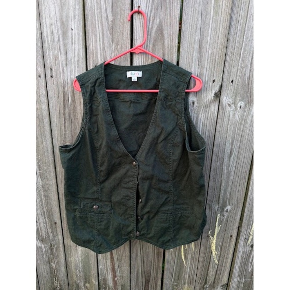 Utility Gorpcore Denim & Co. Button Front Vest Large Green Ramie Cotton Blend